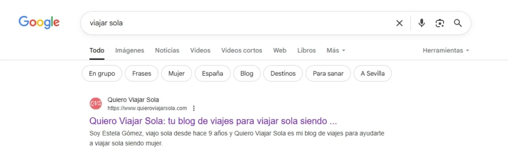 Mi blog Quiero Viajar Sola apareciendo en primera posición en Google al buscar "viajar sola"
