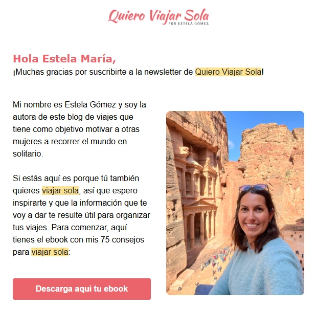 Ejemplo de email de la newsletter de Quiero Viajar Sola
